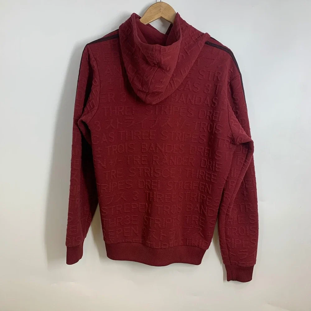 Adidas Men Burgundy All Over Text Logo Embossed‎ Hoodie Pullover Size L